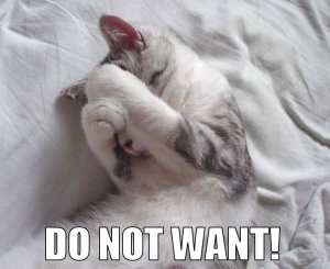Do not want: un gato tumbado en una cama tapando su cara con sus patas delanteras como un niño que no quiere levantarse.